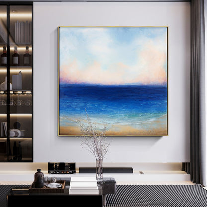 Tranquil Ocean Horizon: Serene Oil Painting for Coastal Home Decor