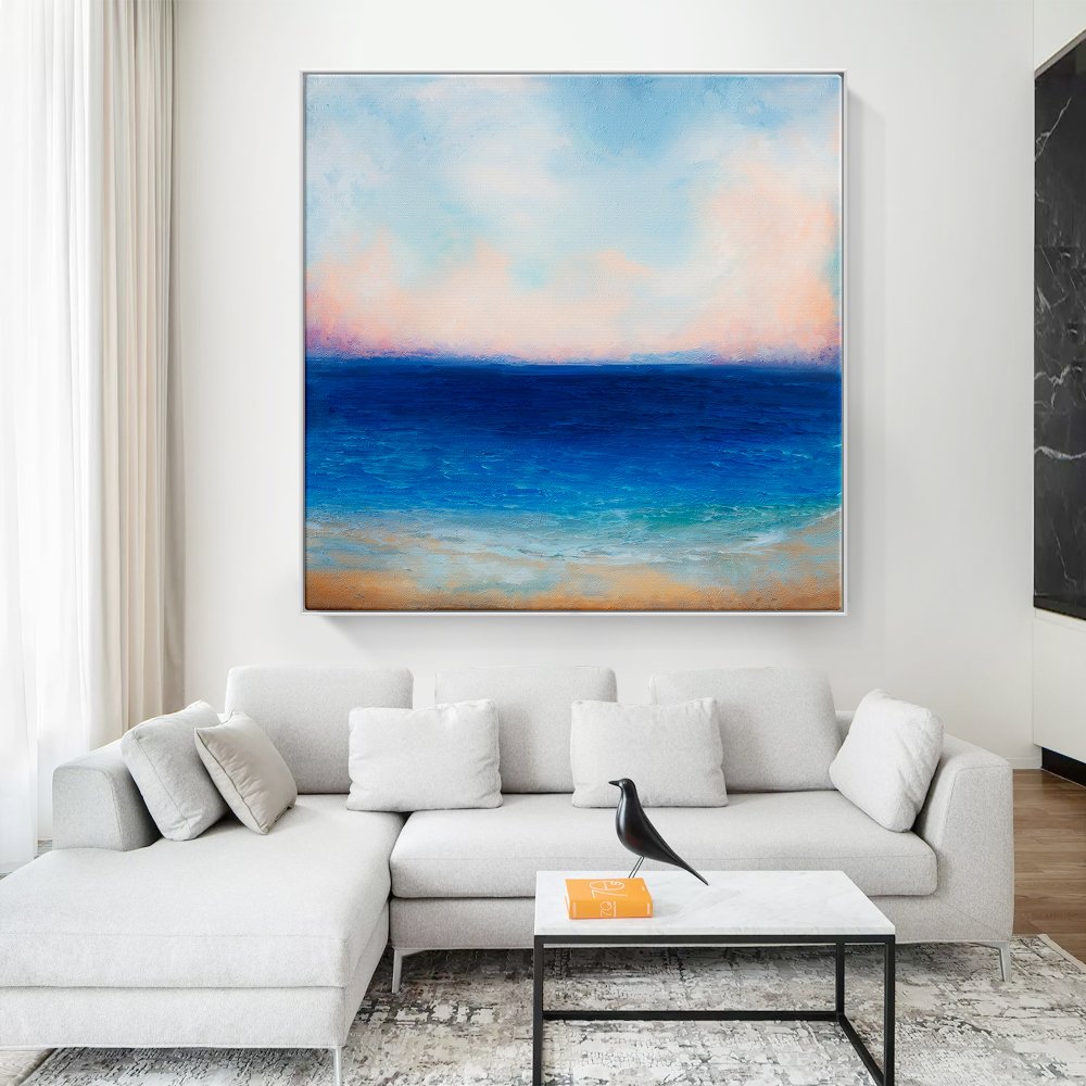 Tranquil Ocean Horizon: Serene Oil Painting for Coastal Home Decor