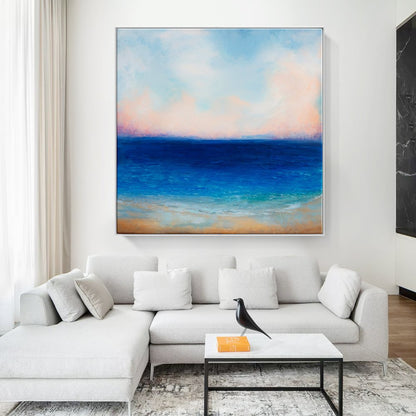 Tranquil Ocean Horizon: Serene Oil Painting for Coastal Home Decor