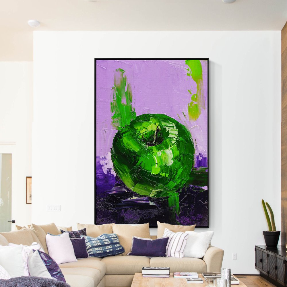 Vibrant Green Apple Oil Painting on Purple Background for Modern Decor