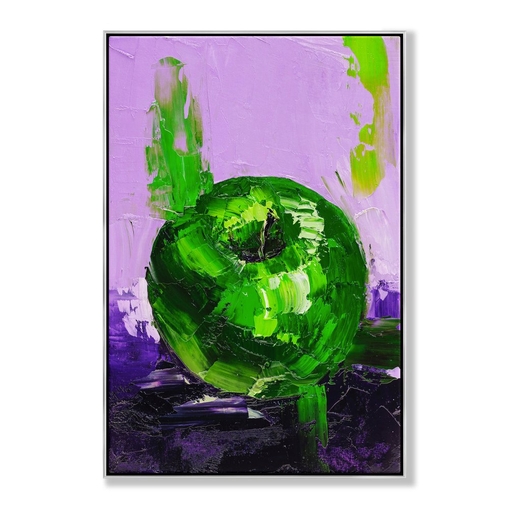 Vibrant Green Apple Oil Painting on Purple Background for Modern Decor