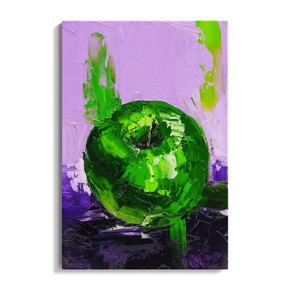 Vibrant Green Apple Oil Painting on Purple Background for Modern Decor