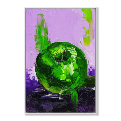 Vibrant Green Apple Oil Painting on Purple Background for Modern Decor