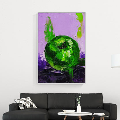 Vibrant Green Apple Oil Painting on Purple Background for Modern Decor