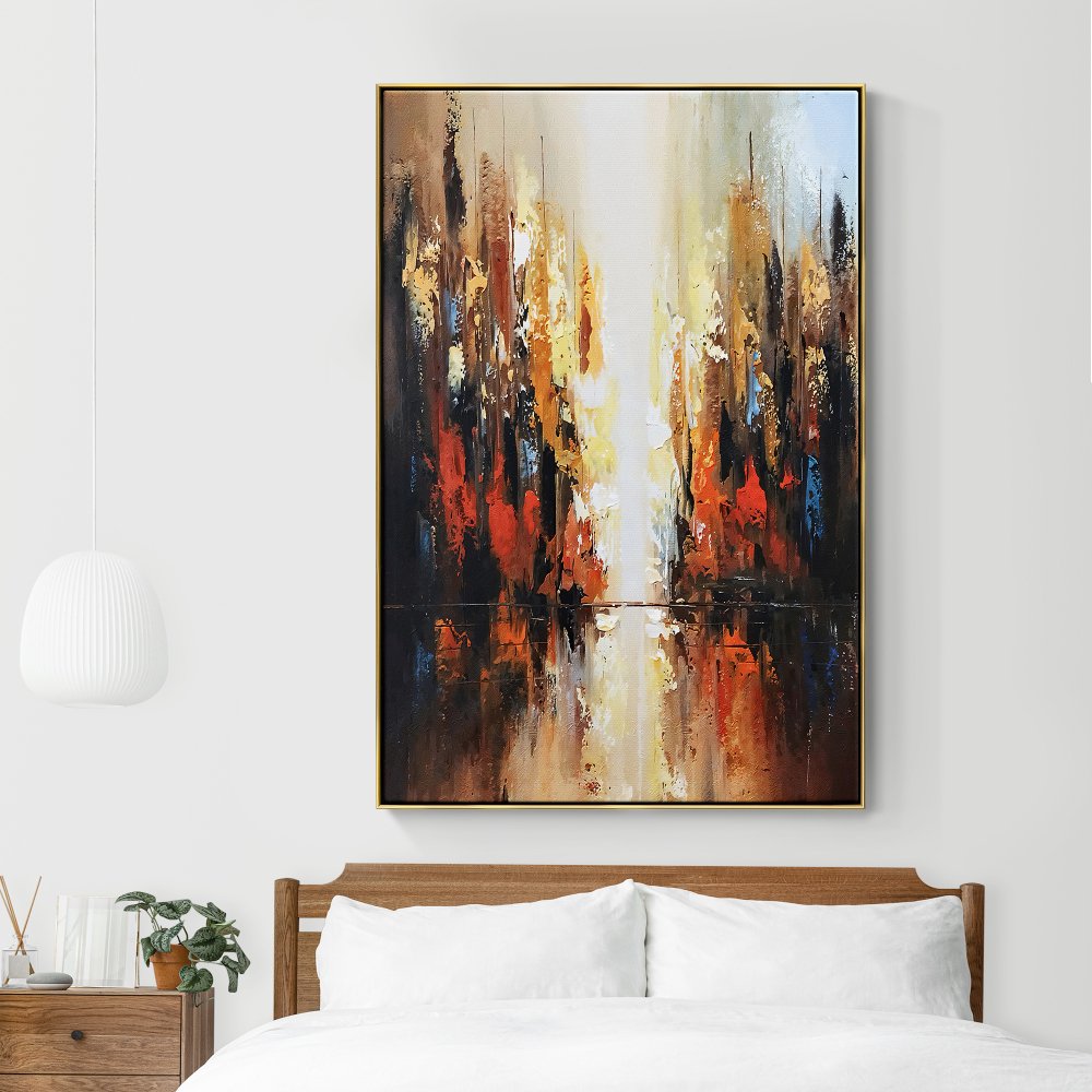 Vibrant Abstract Oil Painting of Golden Light and Red Hues