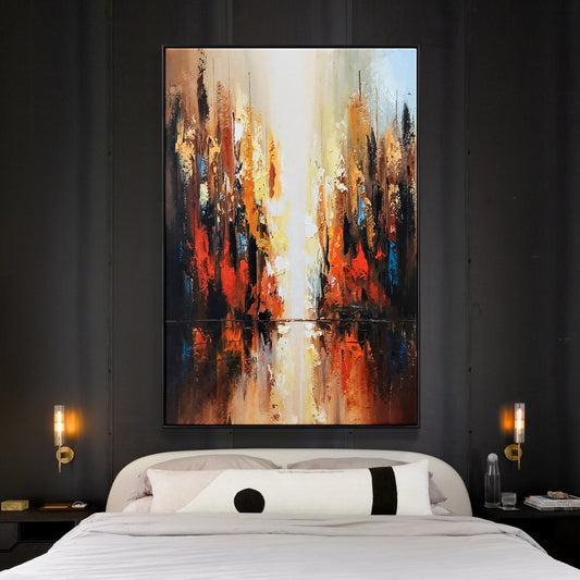 Vibrant Abstract Oil Painting of Golden Light and Red Hues