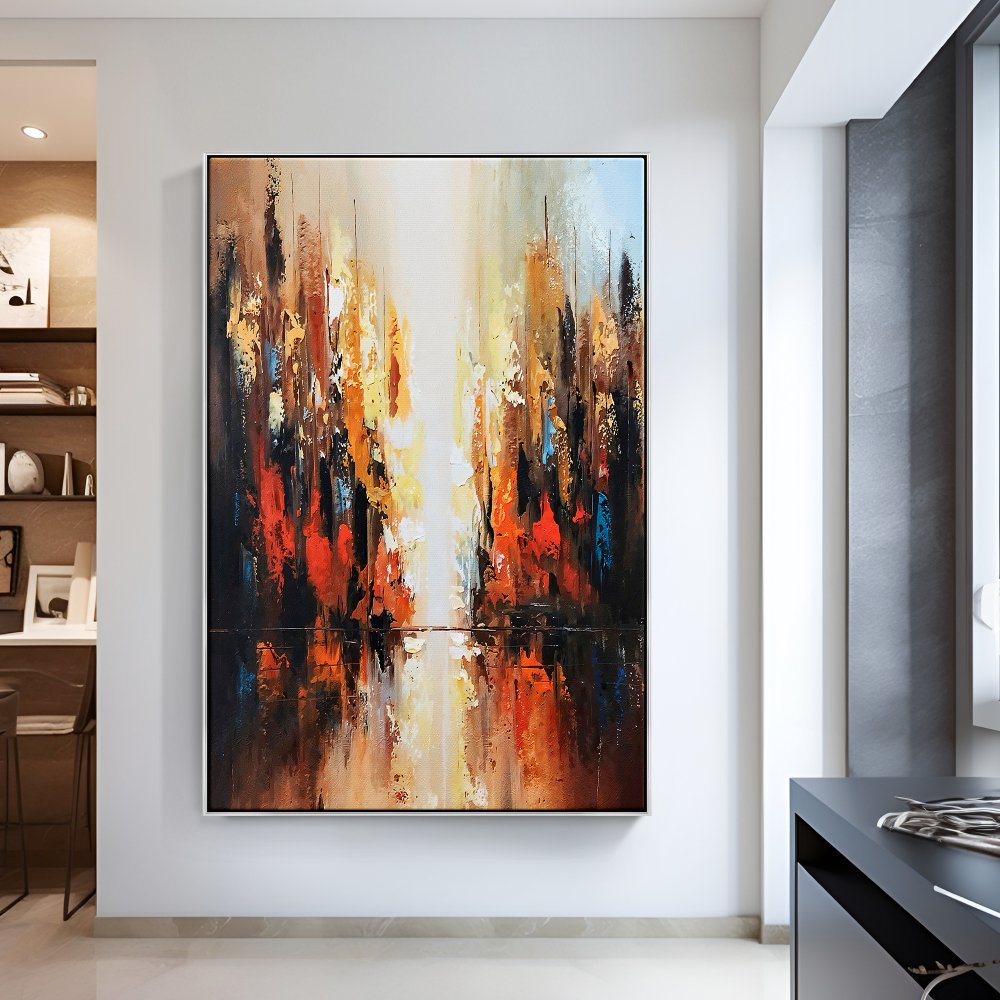 Vibrant Abstract Oil Painting of Golden Light and Red Hues