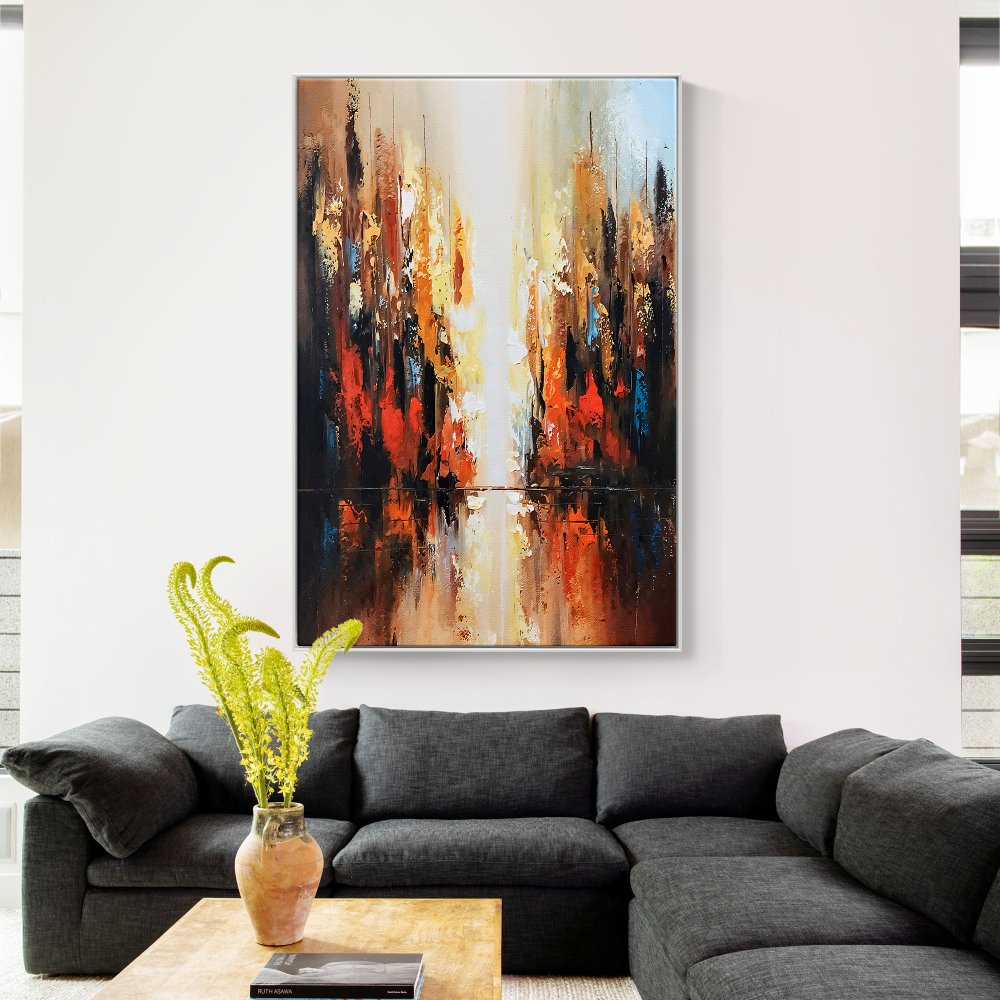 Vibrant Abstract Oil Painting of Golden Light and Red Hues