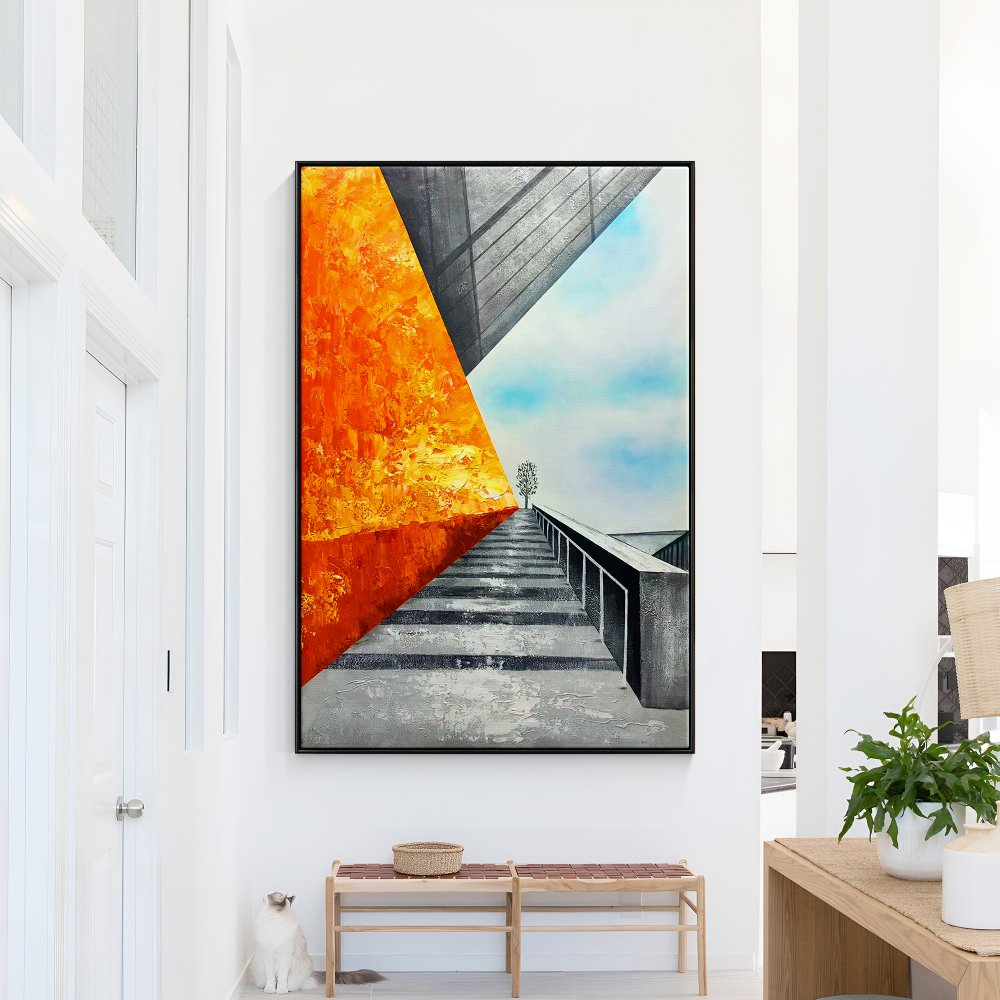 Abstract Urban Landscape: Vibrant Rooftop Perspective in Oil