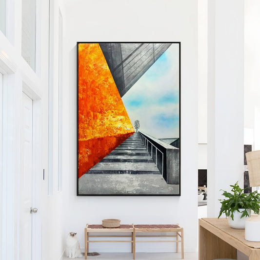 Abstract Urban Landscape: Vibrant Rooftop Perspective in Oil