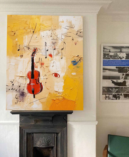 Vibrant Abstract Violin Oil Painting with Musical Notes on Canvas