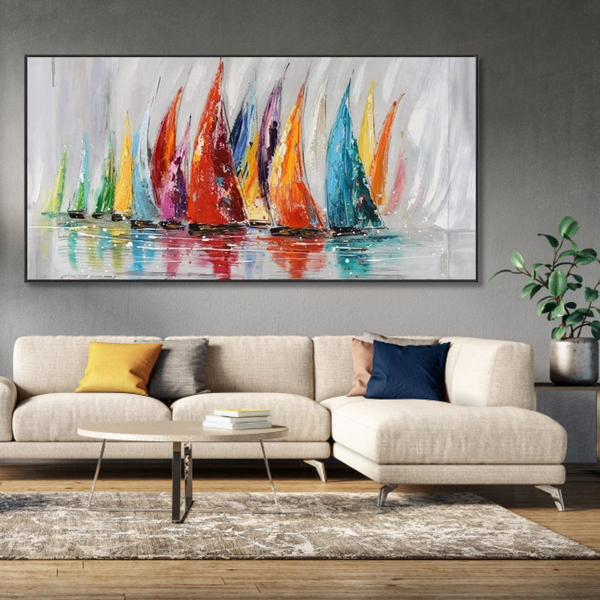 Vibrant Sailboats on Calm Waters - Colorful Oil Painting for Your Home Decor