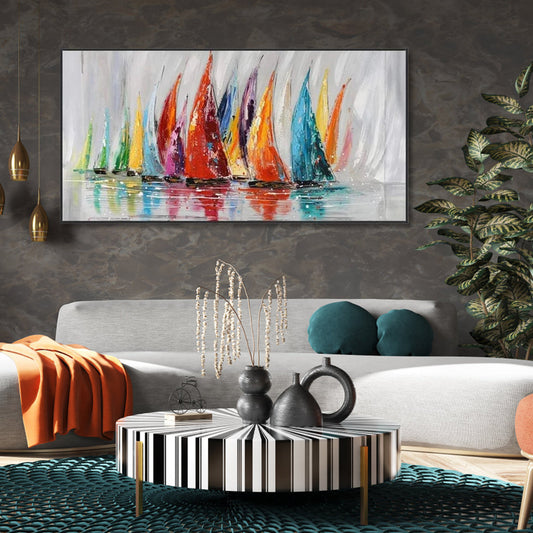 Vibrant Sailboats on Calm Waters - Colorful Oil Painting for Your Home Decor