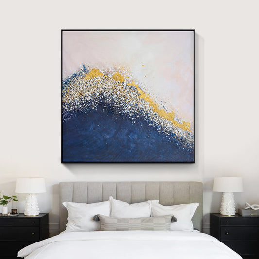 Serene Coastal Abstract Painting with Gold and Blue Waves for Home Decor