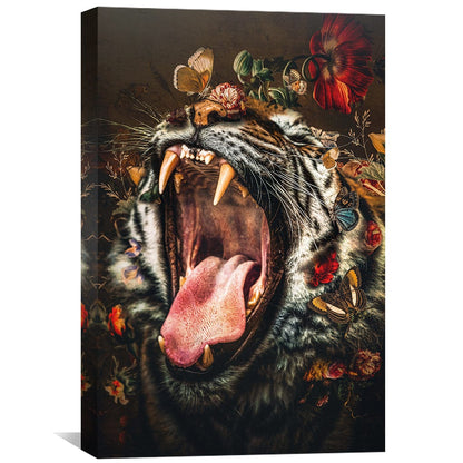 Majestic Tiger Portrait with Floral Accents | Vibrant Oil Painting for Home Decor