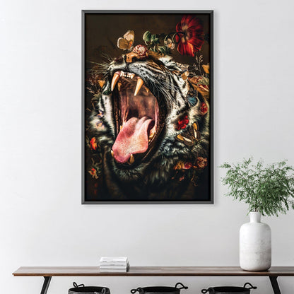 Majestic Tiger Portrait with Floral Accents | Vibrant Oil Painting for Home Decor