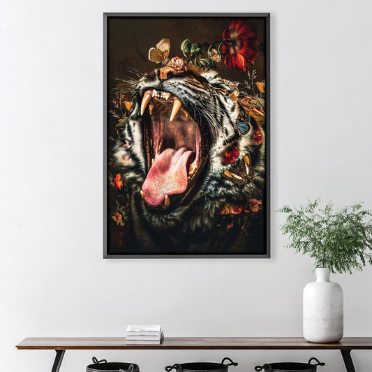 Majestic Tiger Portrait with Floral Accents | Vibrant Oil Painting for Home Decor