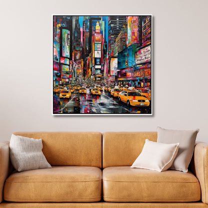 Vibrant Times Square Taxi Scene | Colorful Pop Art Oil Painting for Modern Decor