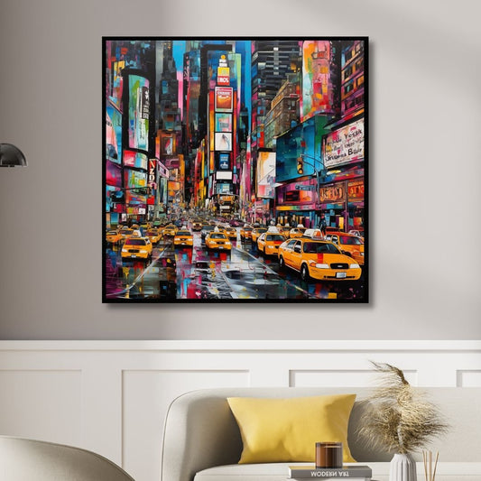 Vibrant Times Square Taxi Scene | Colorful Pop Art Oil Painting for Modern Decor