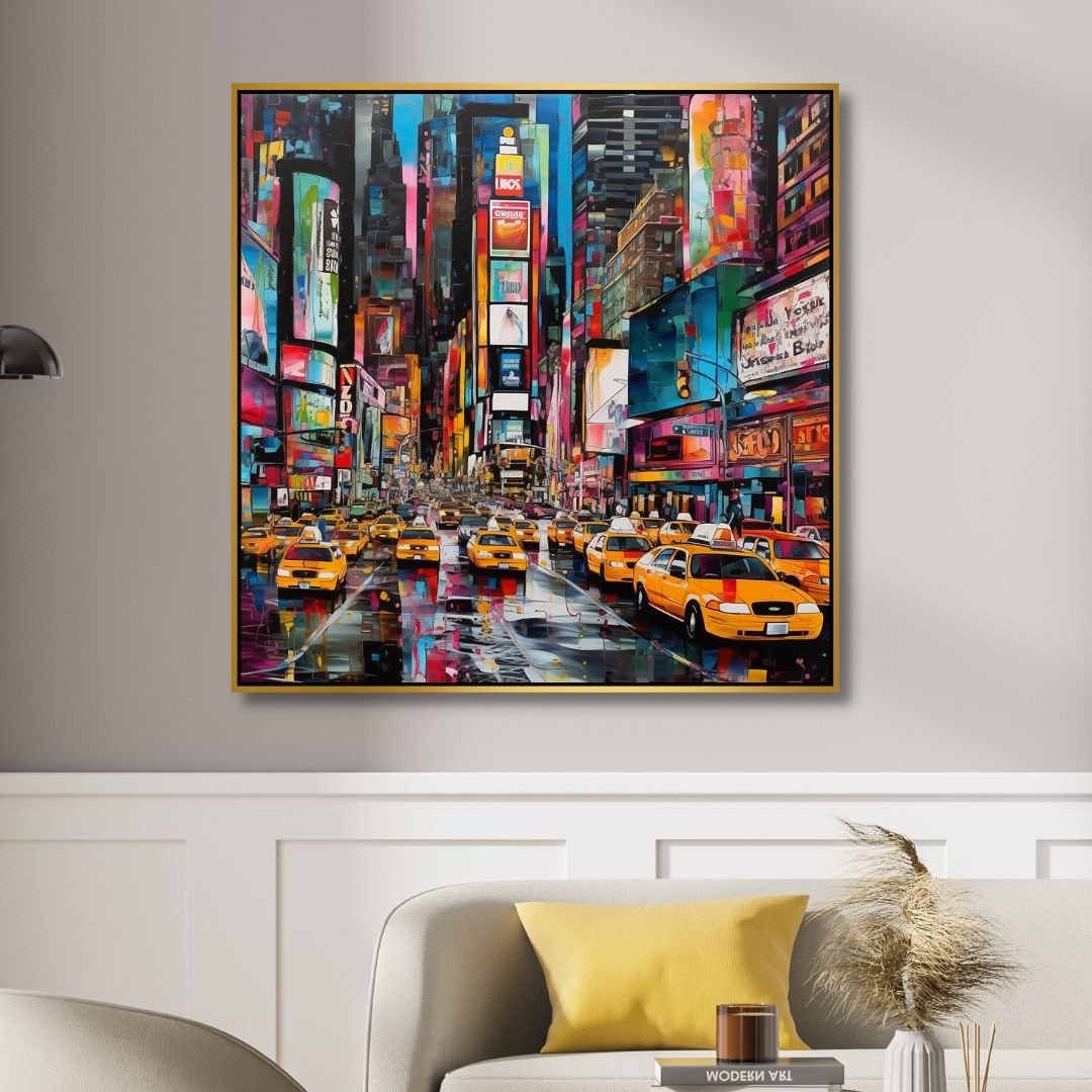 Vibrant Times Square Taxi Scene | Colorful Pop Art Oil Painting for Modern Decor