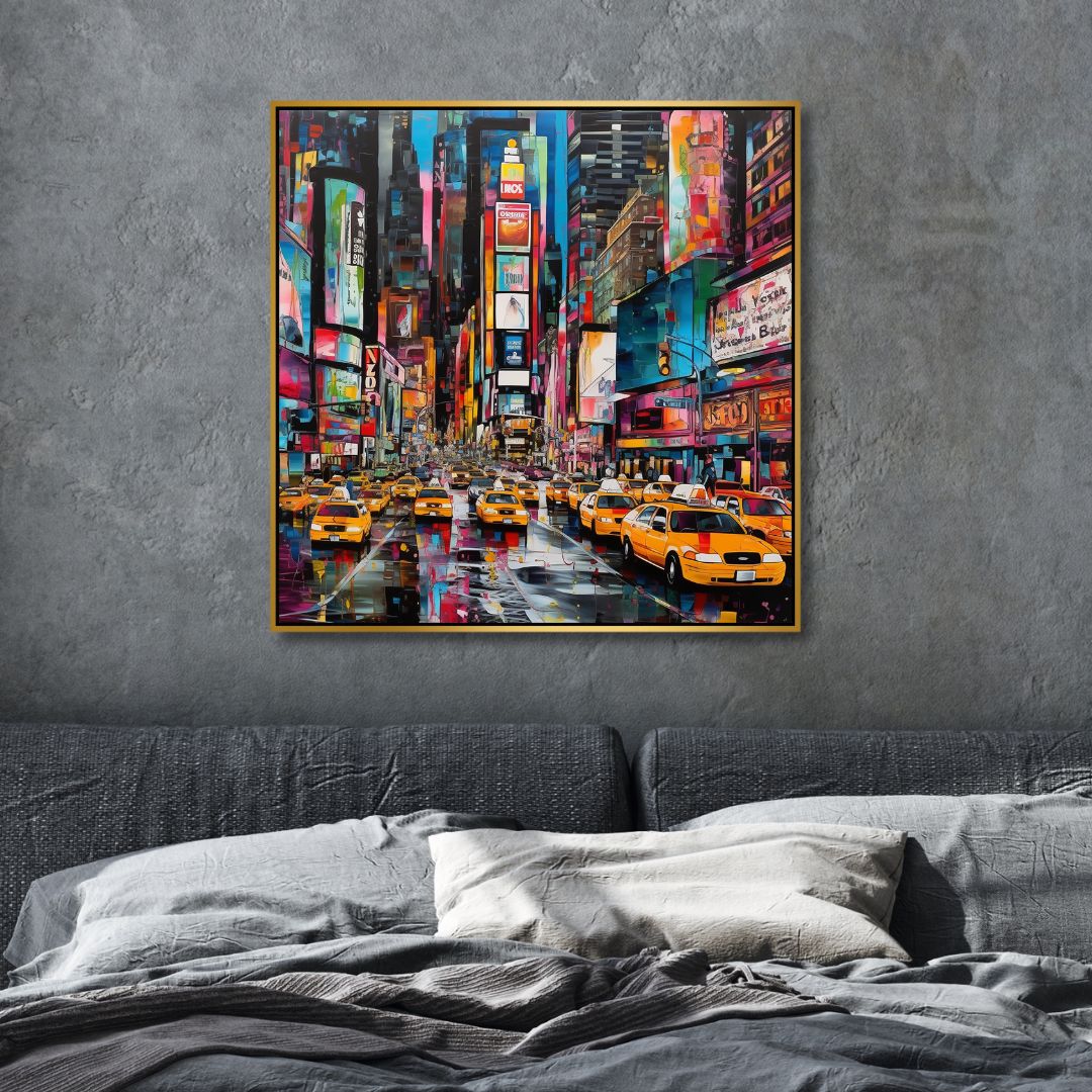 Vibrant Times Square Taxi Scene | Colorful Pop Art Oil Painting for Modern Decor