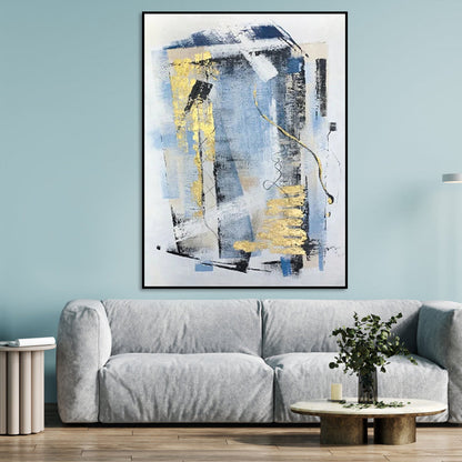 Abstract Oil Painting with Blue and Gold Highlights for Modern Home Decor