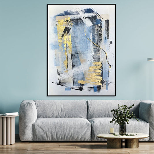 Abstract Oil Painting with Blue and Gold Highlights for Modern Home Decor