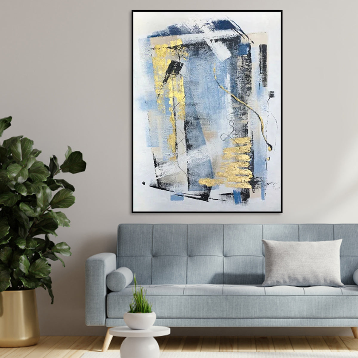 Abstract Oil Painting with Blue and Gold Highlights for Modern Home Decor