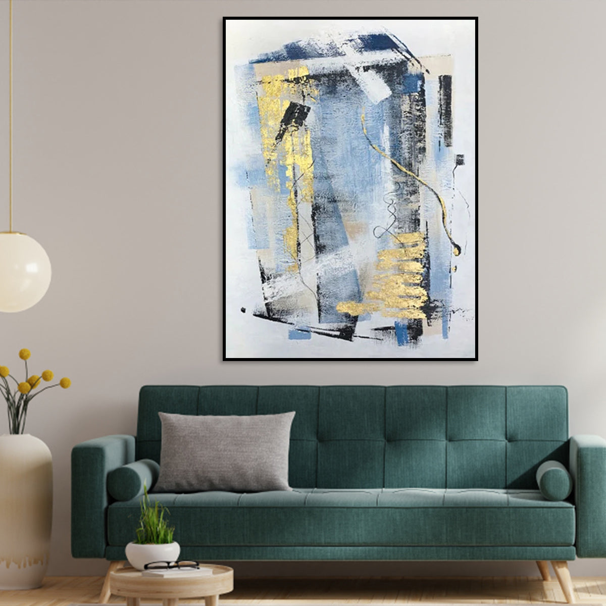 Abstract Oil Painting with Blue and Gold Highlights for Modern Home Decor