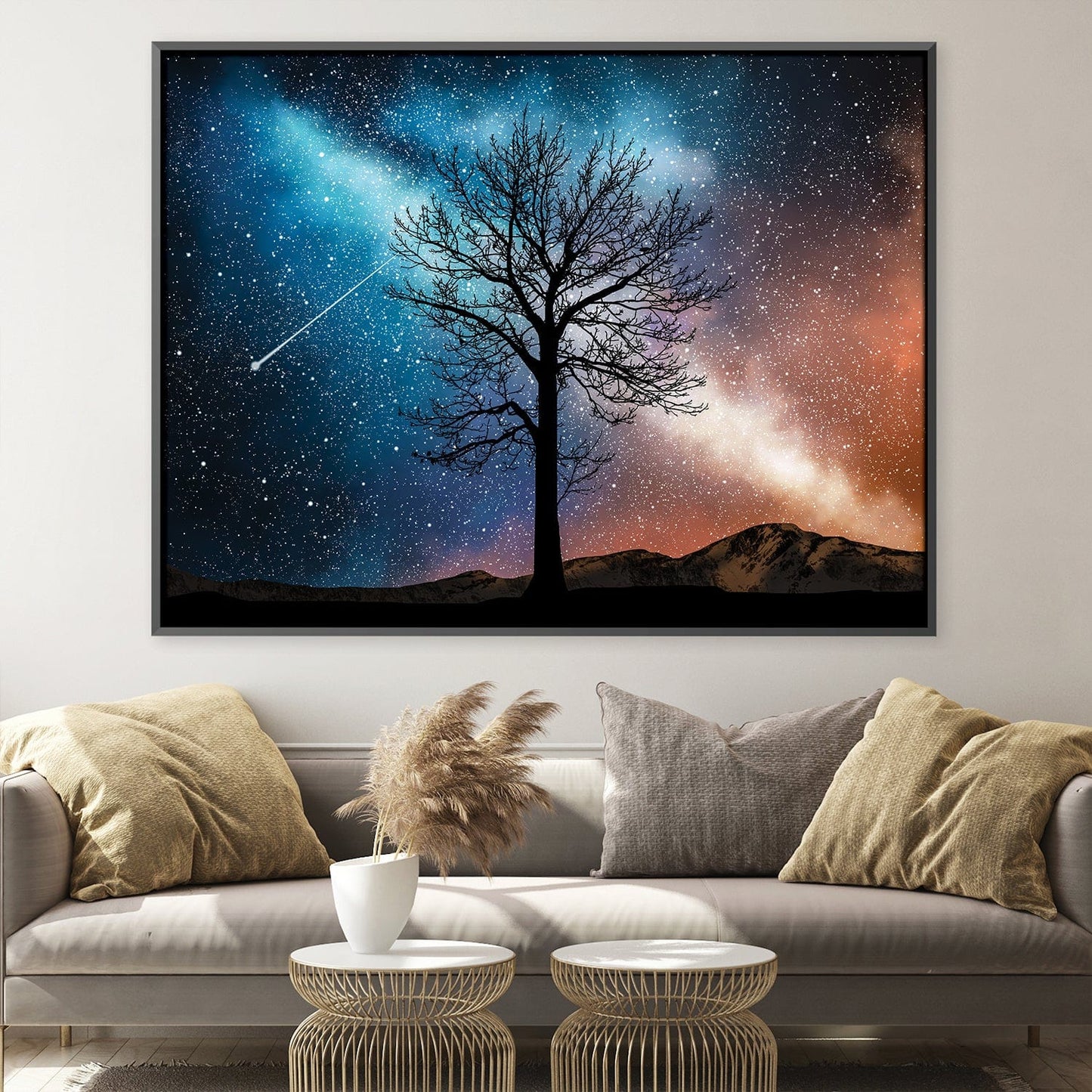 Serene Starry Night Landscape with Tree and Mountains