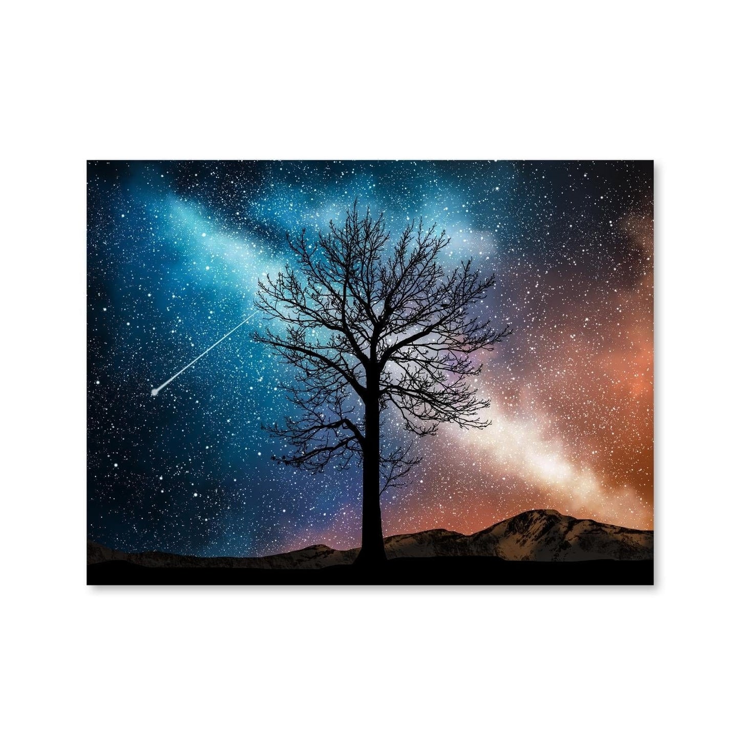 Serene Starry Night Landscape with Tree and Mountains