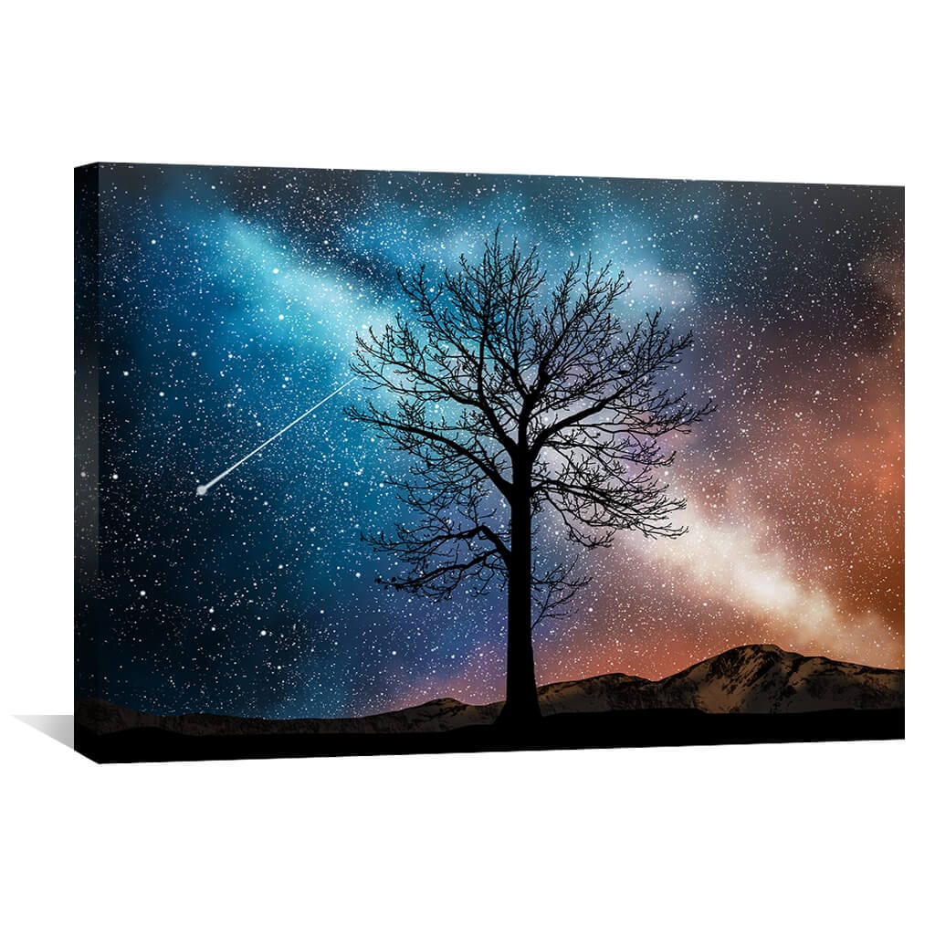 Serene Starry Night Landscape with Tree and Mountains