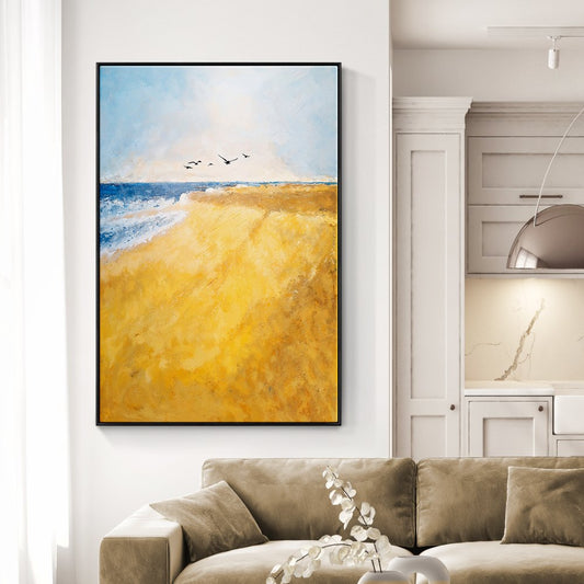 Serene Coastal Escape: Vibrant Oil Painting of a Golden Beach Scene with Waves
