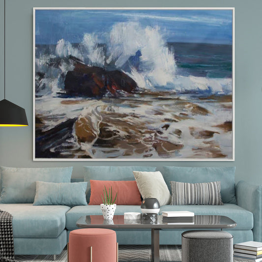 Dynamic Seascape Oil Painting with Waves and Rocks