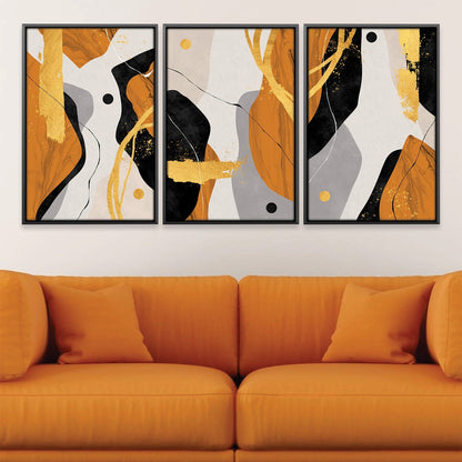 Vibrant Orange Abstract Triptych Oil Painting for Modern Home Decor