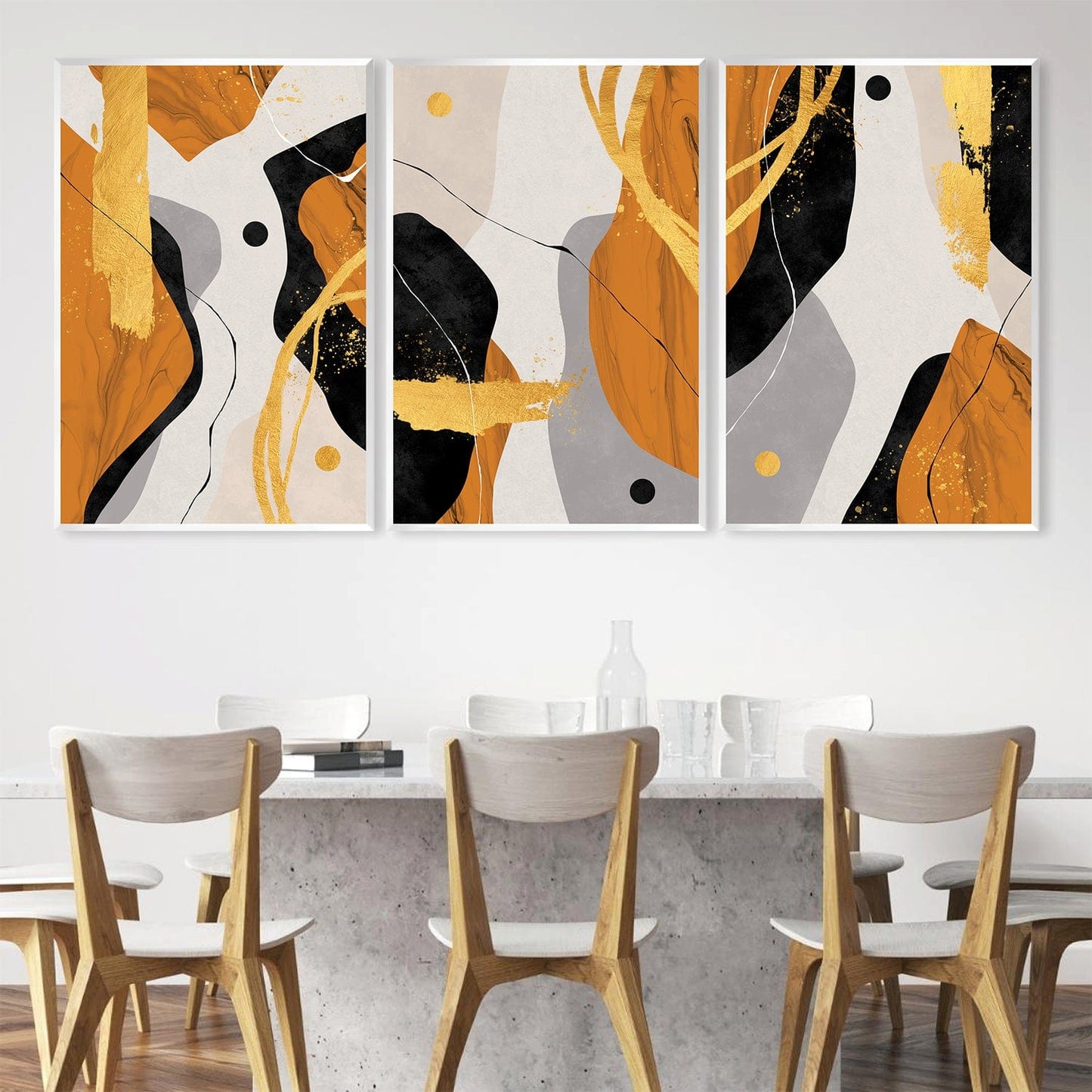 Vibrant Orange Abstract Triptych Oil Painting for Modern Home Decor