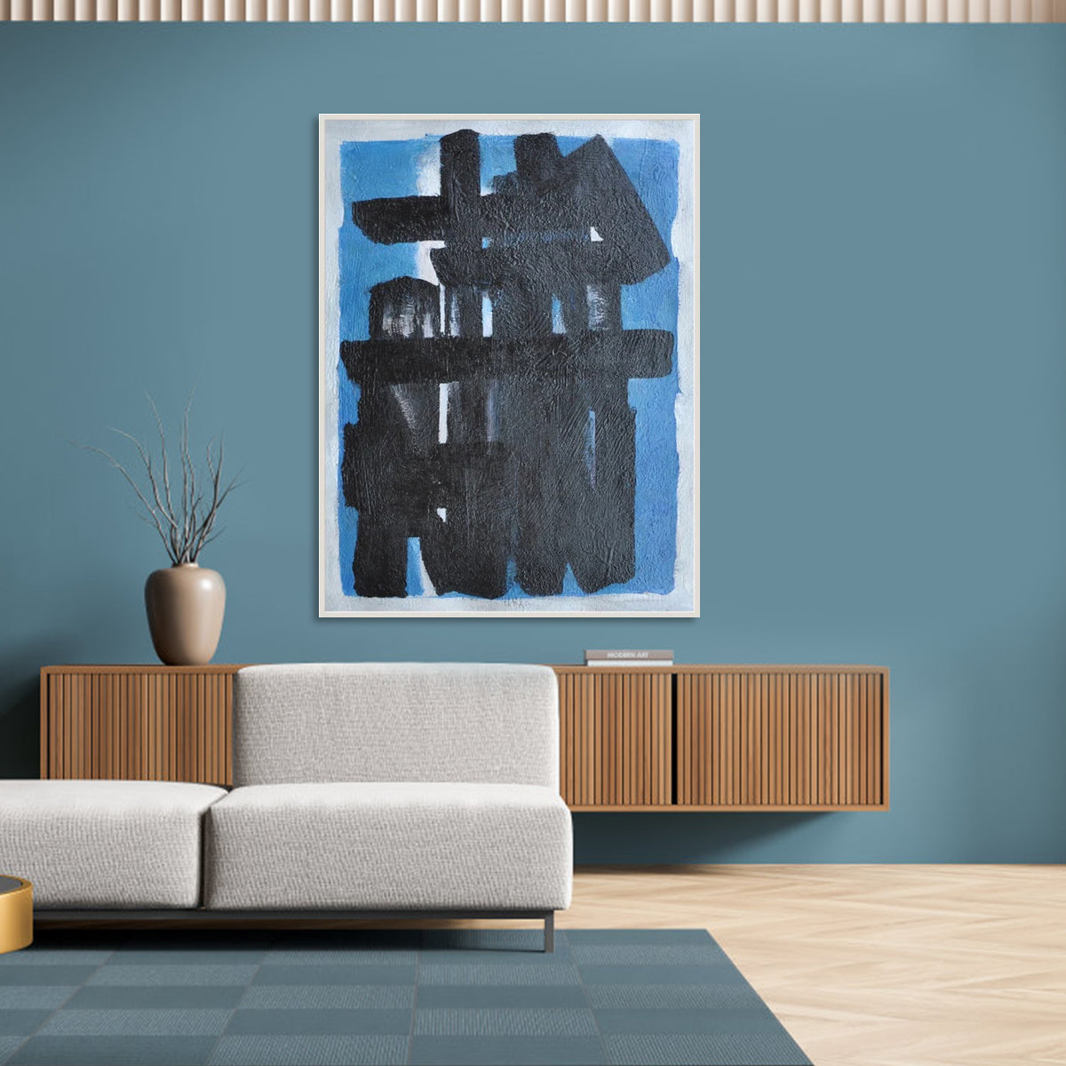 Abstract Black and Blue Composition - Modern Art Oil Painting for Home Decor