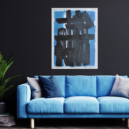 Abstract Black and Blue Composition - Modern Art Oil Painting for Home Decor