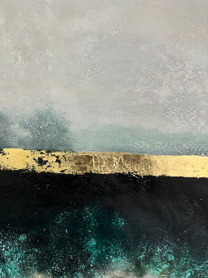 Serene Abstract Landscape with Gold and Teal Accents for Modern Home Decor