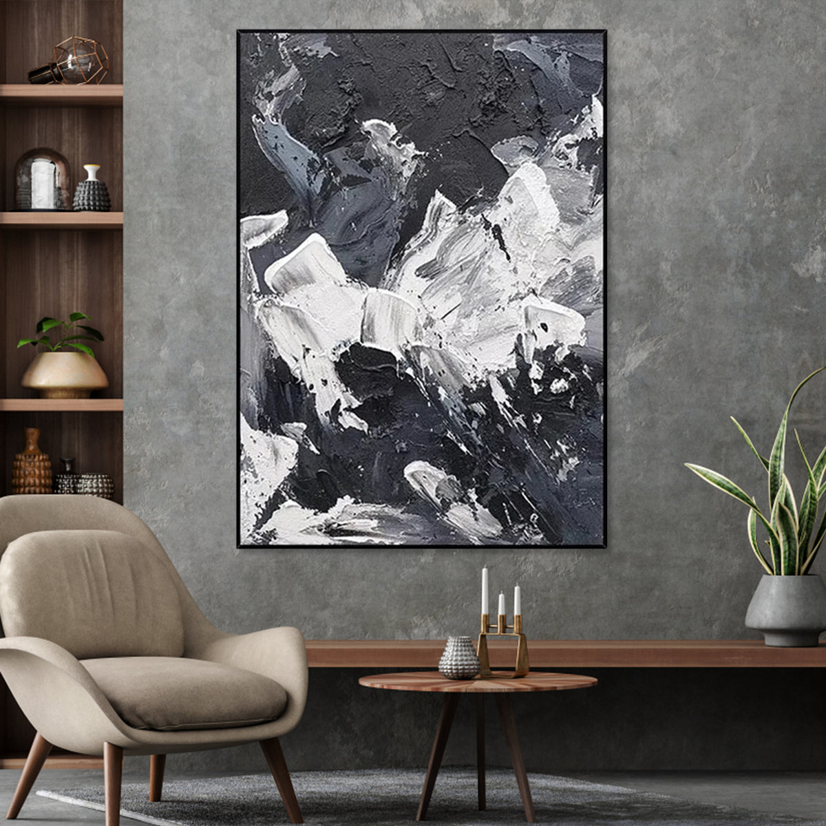 Abstract Monochrome Landscape Oil Painting for Modern Home Décor