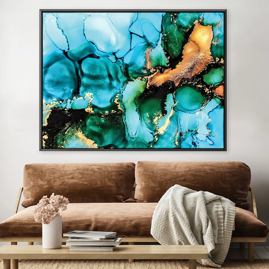 Turquoise and Gold Abstract Oil Painting for Modern Home Decor