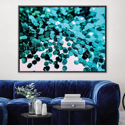 Turquoise Hexagon Glitter Abstract Oil Painting for Modern Home Decor