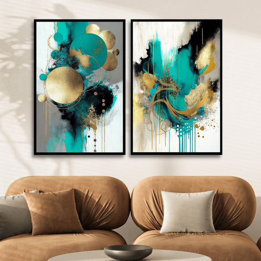 Stunning Turquoise and Gold Abstract Oil Painting for Modern Home Decor