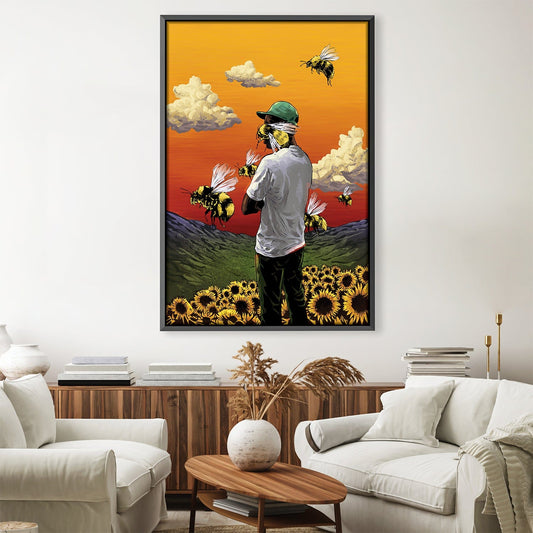 Sunflower Dreams: Vibrant Oil Painting of Bees and Nature