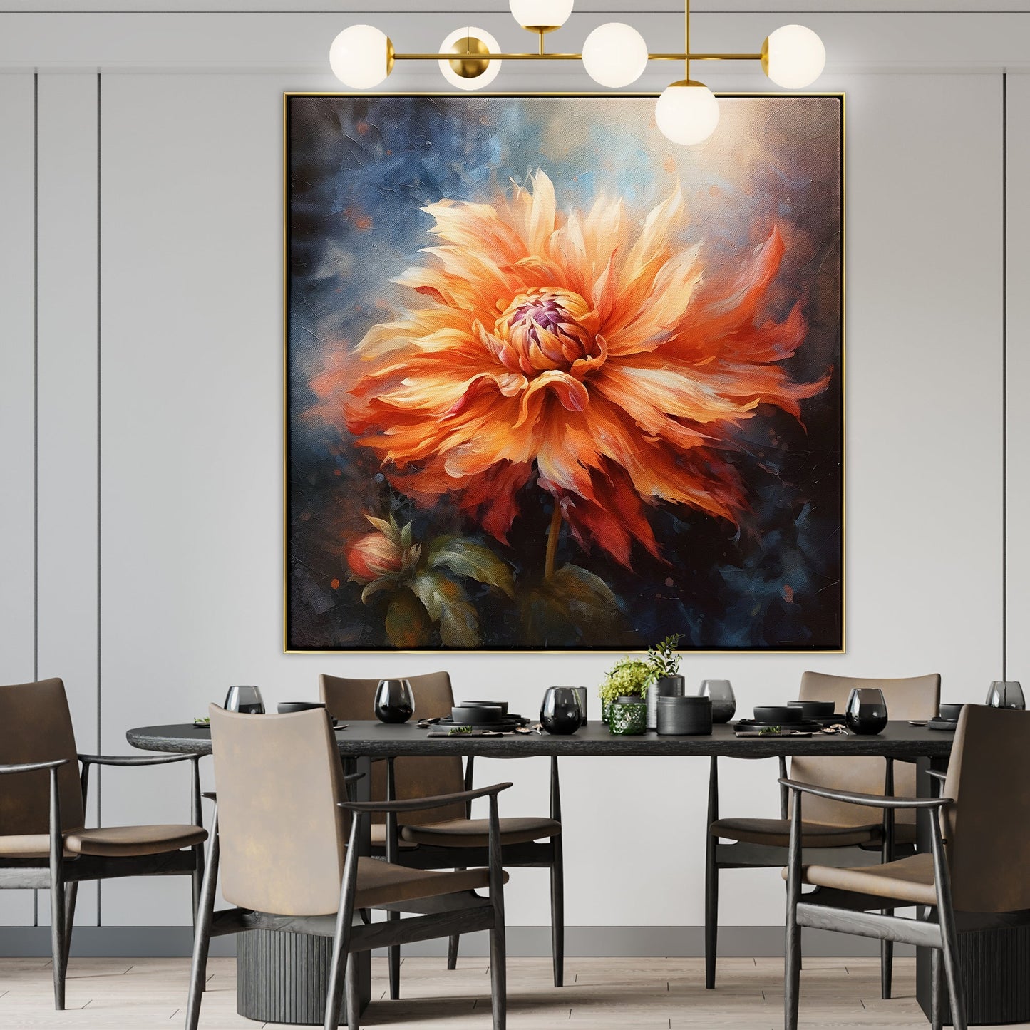 Vibrant Orange Dahlia Flower Oil Painting for Bright Home Decor