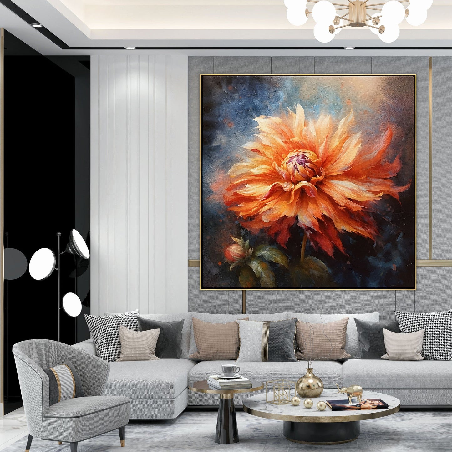 Vibrant Orange Dahlia Flower Oil Painting for Bright Home Decor