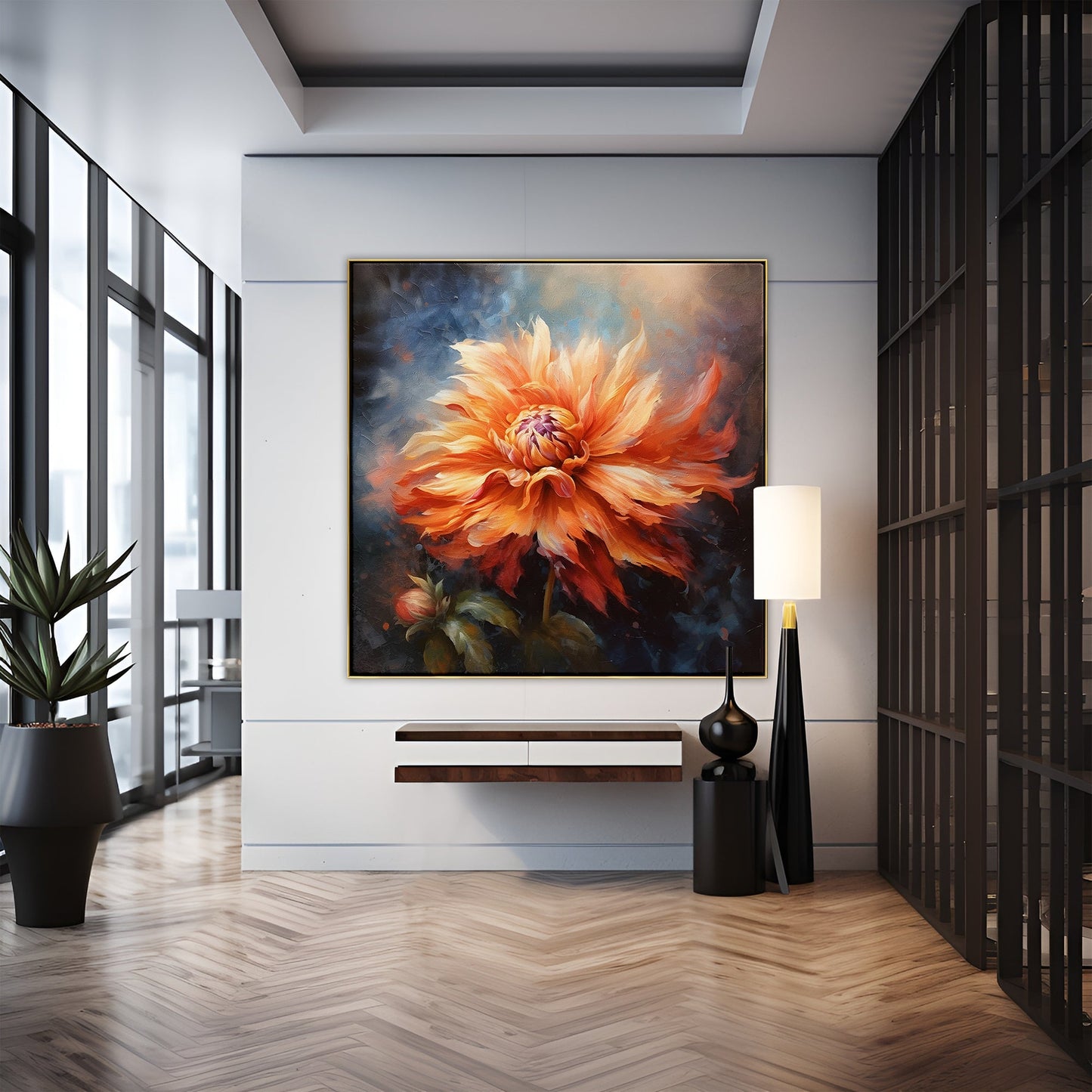 Vibrant Orange Dahlia Flower Oil Painting for Bright Home Decor