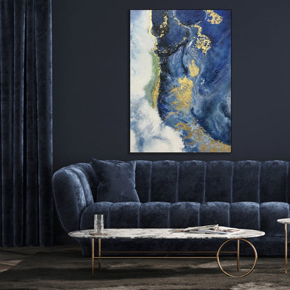 Stunning Coastal Abstract Oil Painting with Gold Accents for Modern Decor