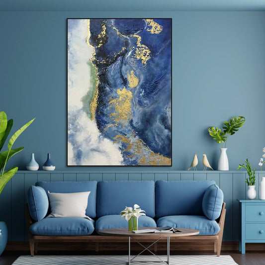 Stunning Coastal Abstract Oil Painting with Gold Accents for Modern Decor