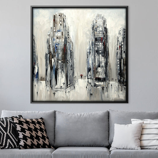 Cityscape in Rain with Umbrella - Modern Abstract Oil Painting on Canvas